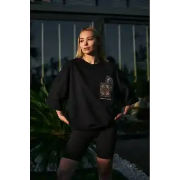Unisex Bisiklet Yaka Baskılı Oversize T-Shirt - Siyah