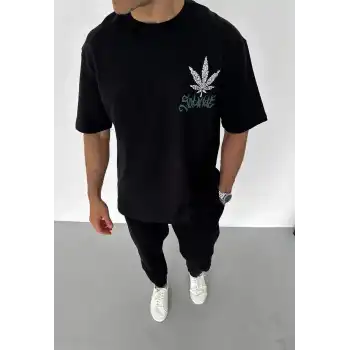 Unisex Bisiklet Yaka Baskılı Oversize T-Shirt - Siyah