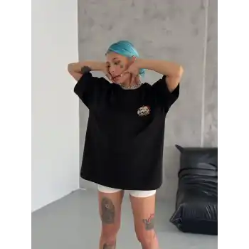 Unisex Bisiklet Yaka Baskılı Oversize T-Shirt - Siyah