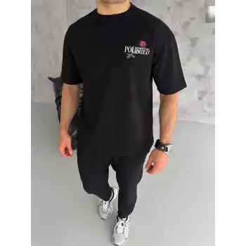 Unisex Bisiklet Yaka Baskılı Oversize T-Shirt - Siyah