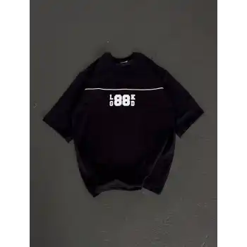 Unisex Bisiklet Yaka Baskılı Oversize T-Shirt - Siyah