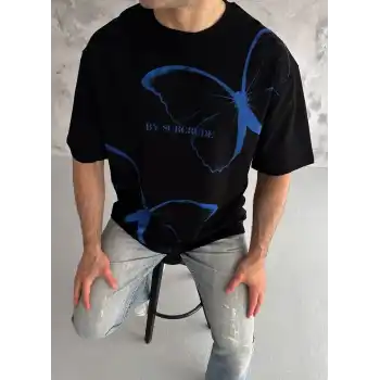 Unisex Bisiklet Yaka Baskılı Oversize T-Shirt - Siyah