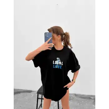 Unisex Bisiklet Yaka Baskılı Oversize T-Shirt - Siyah