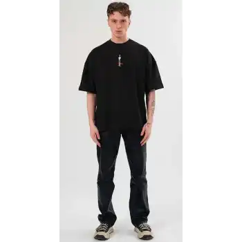 Unisex Bisiklet Yaka Baskılı Oversize T-Shirt - Siyah