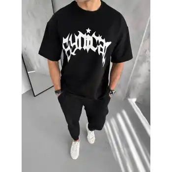 Unisex Bisiklet Yaka Baskılı Oversize T-Shirt - Siyah