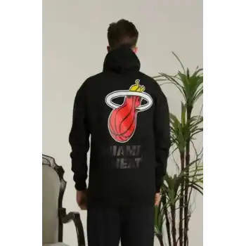 Unisex Kapşonlu Baskılı Sweetshirt - Siyah