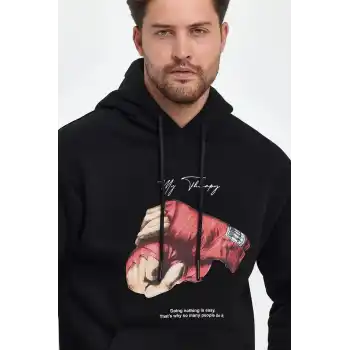 Unisex Kapüşonlu Üç İplik Oversize Baskılı Sweatshirt - Siyah