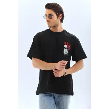 Unisex Oversize Baskılı Bisiklet Yaka T-Shirt - Siyah