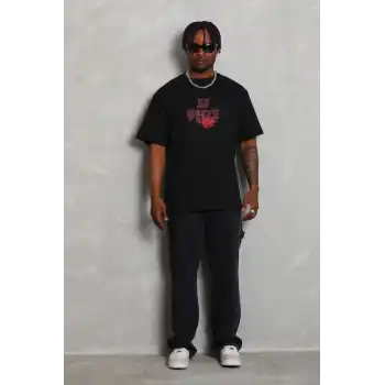 Unisex Oversize Baskılı Bisiklet Yaka T-Shirt - Siyah