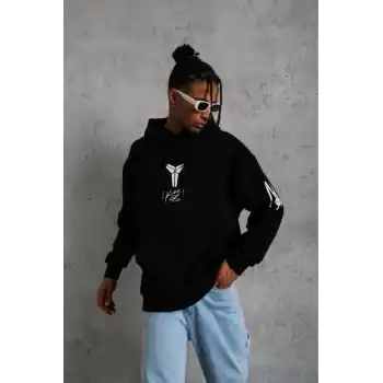 Unisex Sırt Baskılı Kapüşonlu Üç İplik Oversize Sweatshirt - Siyah