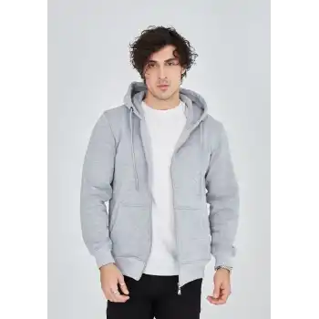 Unisex Tam Fermuarlı Kapşonlu  SweatShirt - Gri