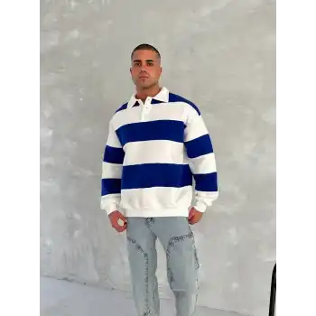 Unisex Üç İplik Parçalı Yakalı SweatShirt - Mavi