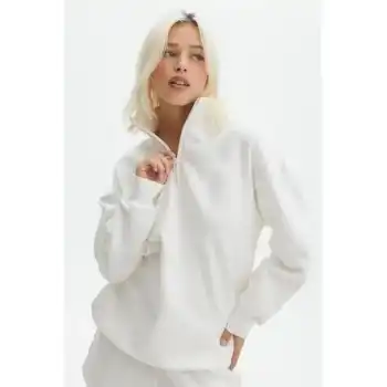 Unisex Uzun Kol Yarım Farmuarlı Yakalı Basic SweatShirt - Beyaz
