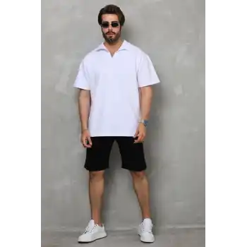 Unisex Yarım Fermuarlı Düz Oversize T-shirt - Beyaz