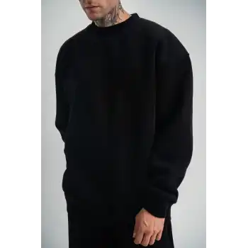 Uzun Kol Bisiklet Yaka Basic SweatShirt - Siyah