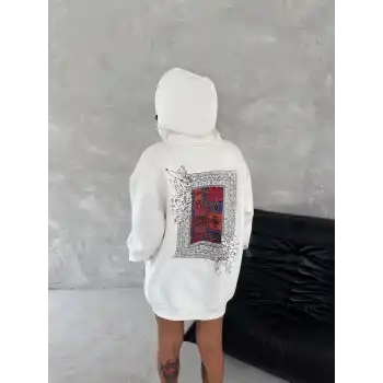 Uzun Kol Kapüşonlu Ön Ve Arka Baskılı SweatShirt - Beyaz