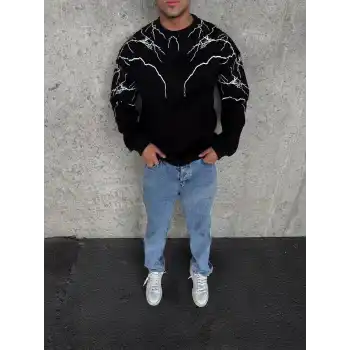 Yıldırım Baskılı Bisiklet Yaka SweatShirt - Siyah