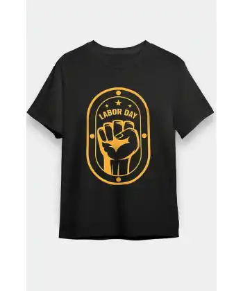 1 Mayıs Labor Day Emekçi Temalı Baskılı Oversize Bisiklet Yaka T-shirt - Siyah