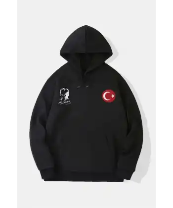 10 Kasıma Özel 3 İplik Kapüşonlu Baskılı SweatShirt Hoodie - Siyah