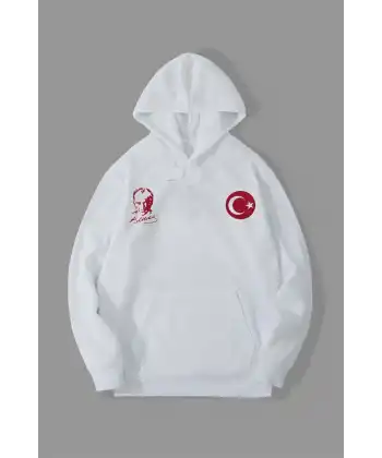 10 Kasıma Özel Üç İplik Kapüşonlu Baskılı SweatShirt - Beyaz