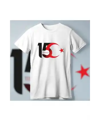 15 Temmuza Özel Tasarım Ay Yıldız Baskılı T-shirt - Beyaz