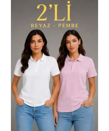 2li Kadın Polo Yaka Pike Kumaş Düğmeli Basic Tişört Günlük Rahat Kesim - Beyaz, Pembe