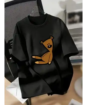 20/1 Penye Compack Ayı Baskılı Oversize Bisiklet Yaka Kısa Kol T-shirt - Siyah