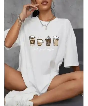 20/1 Penye Compack Baskılı Oversize Kahve Desenli Kadın Kısa Kol T-shirt - Beyaz