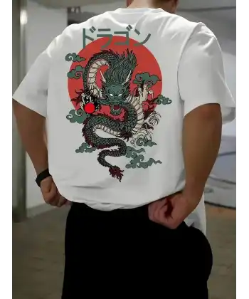 20/1 Penye Compack Ön Arka Ejder Baskılı Oversize Bisiklet Yaka T-shirt - Beyaz