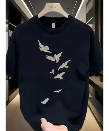 20/1 Penye Compack Özgür kuşlar Baskılı Baskılı Oversize Bisiklet Yaka T-shirt - Beyaz