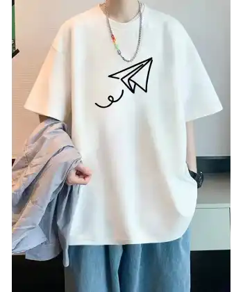 20/1 Penye Compack Uçak Baskılı Oversize Bisiklet Yaka Kısa Kol T-shirt - Beyaz