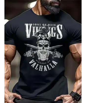 20/1 Penye Compack Vikings Valhalla Baskılı Oversize Bisiklet Yaka T-shirt - Siyah