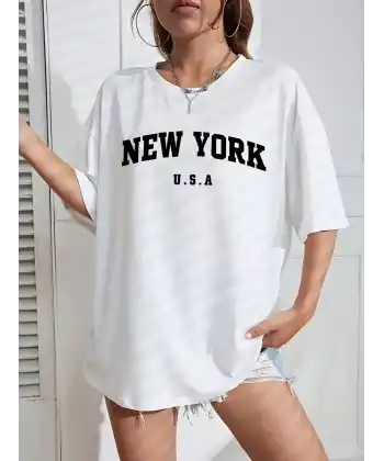 20/1 Penye CompackNew York Baskılı Oversize Kısa Kol Bisiklet Yaka T-shirt - Beyaz