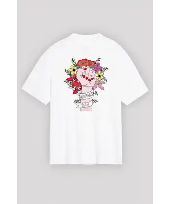 8 Mart Dünya Kadınlar Günü Baskılı Oversize Bisiklet Yaka T-shirt - Beyaz
