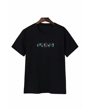 Anneler Günü Mom Çiçek Temalı Baskılı Oversize Bisiklet Yaka T-shirt - Siyah