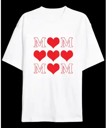 Anneler Gününe Özel Tasarım MOM Kalp Baskılı T-shirt - Beyaz