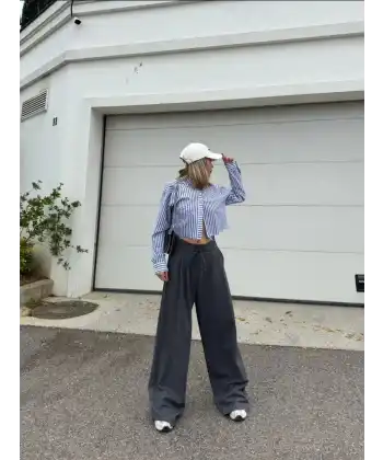 Bağcıklı Palazzo Bol Paça Pantolon - Gri