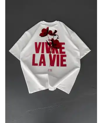 Baskılı Oversize Bisiklet Yaka T-shirt - Beyaz