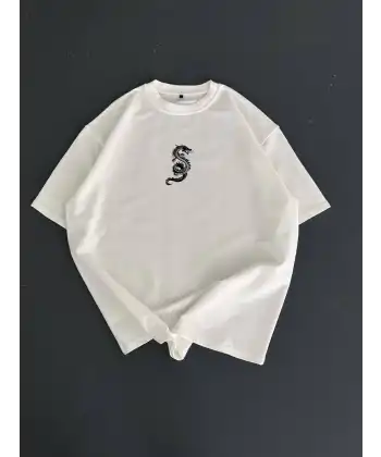Baskılı Oversize Bisiklet Yaka T-shirt - Beyaz