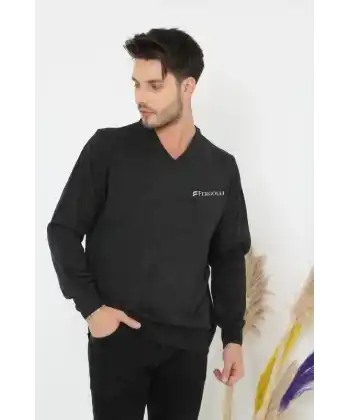 Baskılı V Yaka Uzun Kol Dokuma Triko - Füme