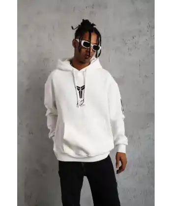 BErkek 3 İplik Pamuklu Kapüşonlu Baskılı Cepli Oversize Sweatshirt Hoodie - eyaz