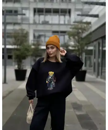 Bisiklet Yaka Üç İplik Sweat Takım - Siyah