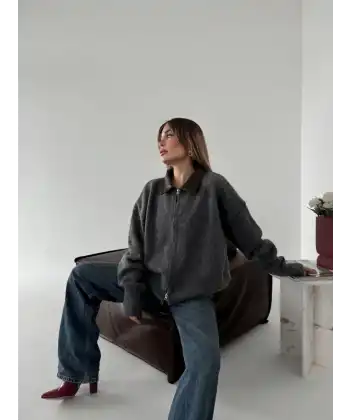 Deri Yakalı Pamuk dokulu Çift Taraflı Çalışan Fermuar Ceket - Füme