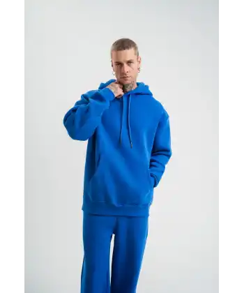 ERKEK 3 İplik Oversize Kapşonlu Basic SweatShirt Hoodie - Mavi
