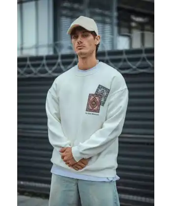 Erkek 3 iplik pamuklu Bisiklet Yaka Baskılı SweatShirt - Beyaz