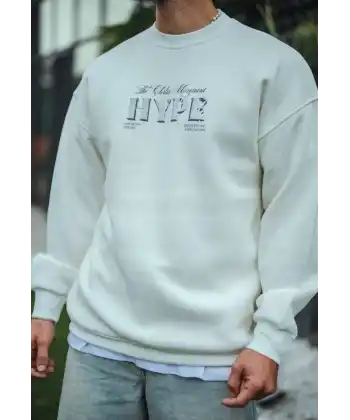 Erkek 3 İplik Pamuklu Bisiklet Yaka Baskılı SweatShirt - Beyaz