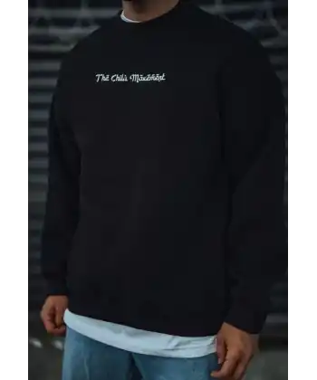 Erkek 3 iplik Pamuklu Bisiklet Yaka Baskılı SweatShirt - Siyah