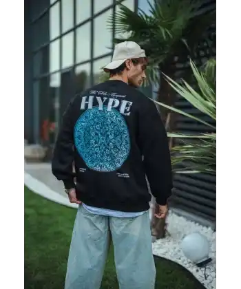 Erkek 3 İplik Pamuklu Bisiklet Yaka Baskılı SweatShirt - Siyah