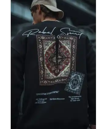 Erkek 3 iplik Pamuklu Bisiklet Yaka Baskılı SweatShirt - Siyah