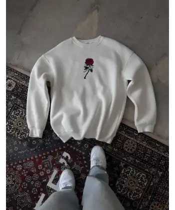 ERKEK 3 iplik Pamuklu Bisiklet Yaka Ön Ve Arka Baskılı SweatShirt -  Beyaz